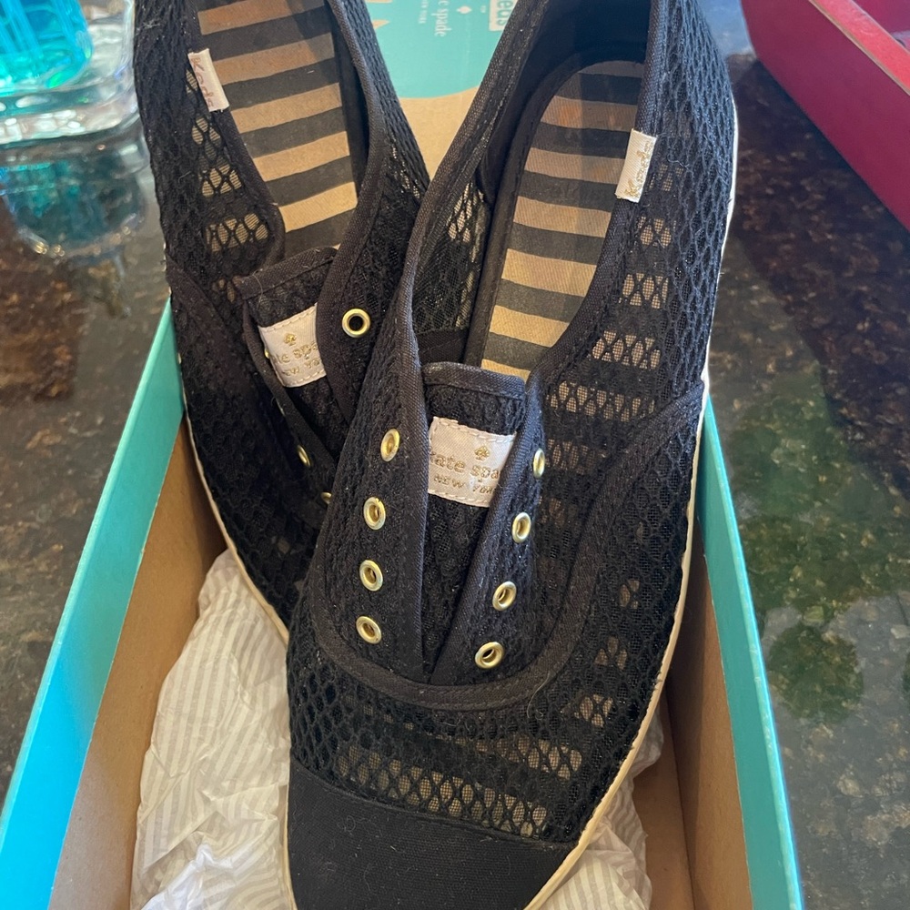 Kate Spade and Keds black mesh slip on sneakers